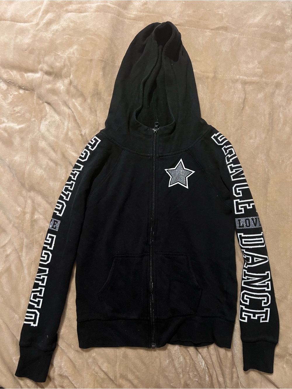 Girls Justice Black Hooded Zip Jacket Silver Star Black Sweatpants Dance Size 10